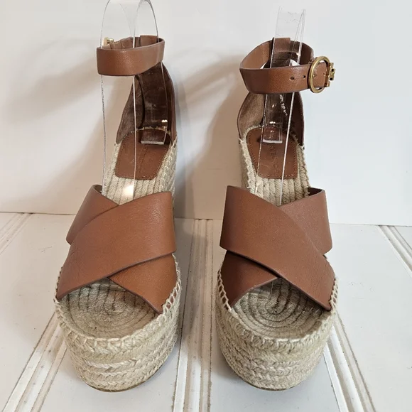 Tory Burch Selby 105 Wedge Espadrille Sandals 6.5 Leather Platform Logo Buckle - Picture 2 of 14